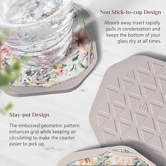 UMIRRO Absorbent Coasters for Drinks, Floral Silicone Cup Coaster with Felt Insert for Coffee Table Decor, Small Unique Birthday Gift Ideas for Men Dad Him Women Mom Her, 4", Colorful, Set of 4