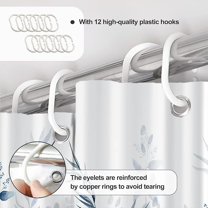 AWERT Shower Curtain Plants for Bathroom,Waterproof Quick-Drying Blue Leaves Shower Curtain Set with Hooks 72x72 Inch
