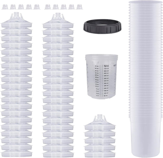 Disposable Paint Cups for Automotive Paint Gun, HVLP Paint Spray Gun 27 Ounce (800ml) Kit with 50 Cups and Lids Systerm, 1 Hard Cup with Retainer Ring and 10 Plugs