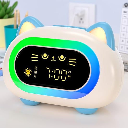 winshine Alarm Clock for Kids, Ok to Wake Clock, Toddler Sleep Training Clock with Eye Protection, 10 Night Lights, Dual Alarms, Child Lock, Snooze, Timer - Cute Cat Clock for Girls and Boys, Blue