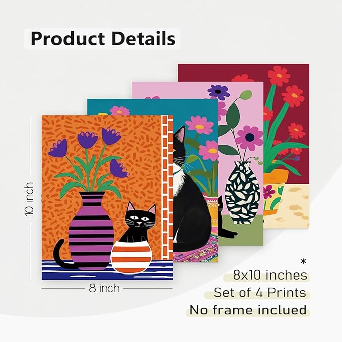 TOCDGOO Fun Black Cat Wall Art Abstract Flower Canvas Posters, Colorful Fashion Flower & Cat Art Prints for Bedroom Bathroom Children's Room Home Decor, Set of 4 Unframed 8x10 Inches