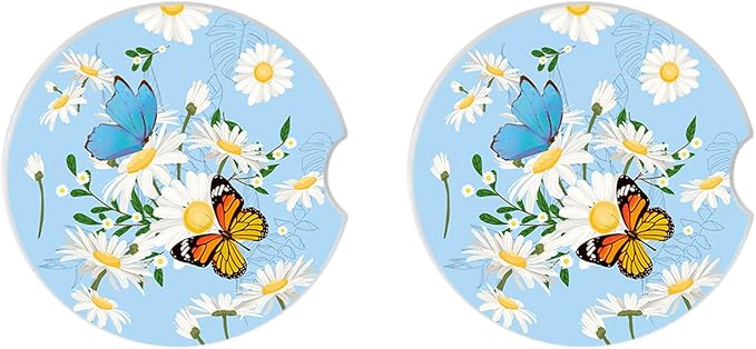 Car Coasters for Drinks Absorbent, 2 Pack Cup Holders, 2.56" Ceramic Stone & Non-Scratch Cork Base Coasters, Auto Accessories for Women & Men,Butterfly and Flowers.
