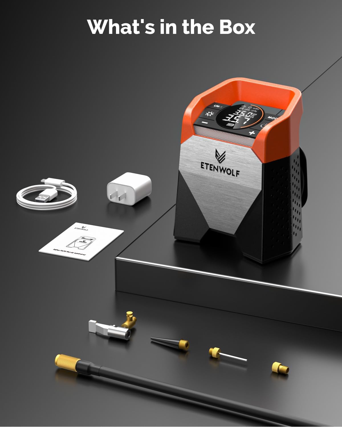 ETENWOLF Zephyr S5 Heavy-Duty Tire Inflator Portable Air Compressor, 160PSI &15600mAh Cordless Air Pump with LED Light for Car Tires, Bike, Motorcycle, Balls, Pickups (Vivid Orange)