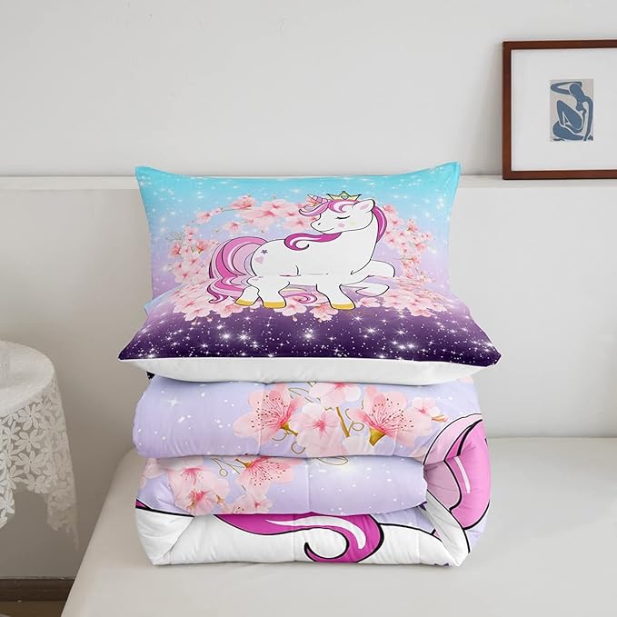 Unicorn Comforter Set Twin, Kids Unicorn Floral Bedding for Girls Boys Children Bedroom Decor, Cherry Blossoms Glitter Down Comforter Galaxy Kawaii Quilt Set with 1 Pillowcase, Blue Purple Ombre