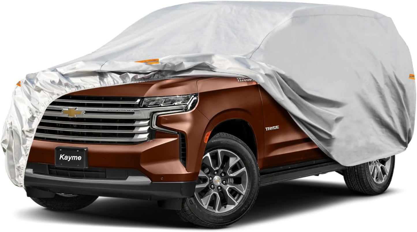 Kayme Large SUV Car Cover Waterproof All Weather for Automobiles, Outdoor Full Size SUV Cover Rain Sun UV Protection, Universal Fit for Chevrolet Tahoe, Lincoln MKT, GMC Envoy (207-214 inch)
