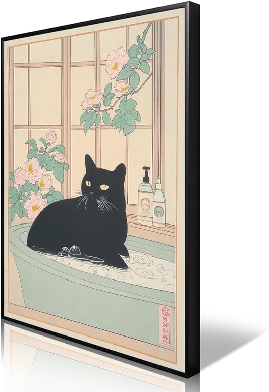 Black Cat Canvas Wall Art, Funny Japanese Cat Bathroom Poster, Cat In A Bubble Bathtub Painting, Neutral Japan Cat Aesthetic Print, Cat Pink Flowers Green Botanical Picture 24x36in Framed