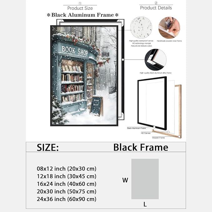 Vintage Christmas wall art Winter Book Shop Poster Print Book Lovers Gift Reading wall art Bookshop Wall Decor Winter Landscape Painting Room decor Aesthetic black framed8x12inch