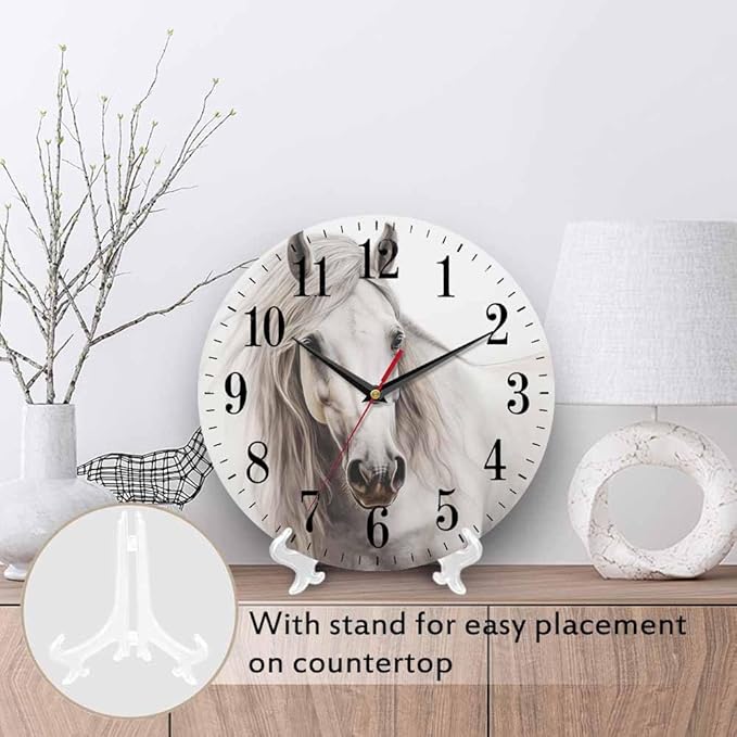 White Horse Portrait Wall Clock Classical Oil Horse with Smooth Skin and Fur 10 Inch Silent Non Ticking Battery Operated Clock Vintage Round Clock for Living Room Bedroom Bathroom Office Decor