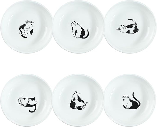 Super Cute Gentleman Cat Ceramic Sauce Dish/Seasoning Dish/Sushi Soy Dipping Bowl/Appetizer Plates/Serving Dish for Kitchen Home(Set of 6)