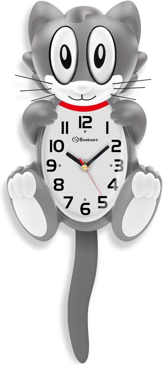 Soobest 18 Inch Large 3D Cat Wall Clock Battery Operated with Moving Eyes and Pendulum Tail, Retro Kids Analog Wall Clock for Gift Decor Gray