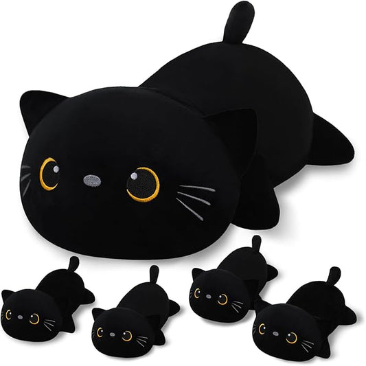 SQEQE Black Cat Mommy Stuffed Animal with 4 Babies Cat in her Tummy, Cute Black Cat Plush Toys for Kids, Gifts Ideal for Christmas, Valentine's, Birthday