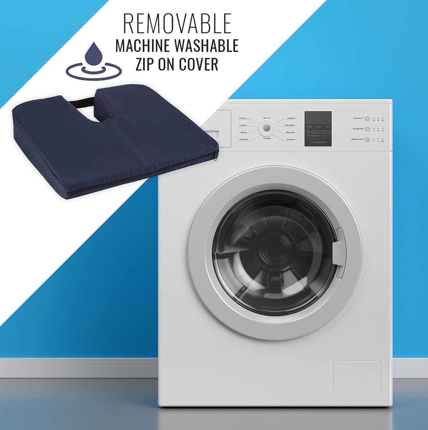 DMI Sloping Back Foam Seat Cushion for Coccyx Pain Relief, For Use with Chairs and Wheelchairs, With Cover, FSA HSA Eligible, 16 x 18 x 2 – 4 Inches, Navy.