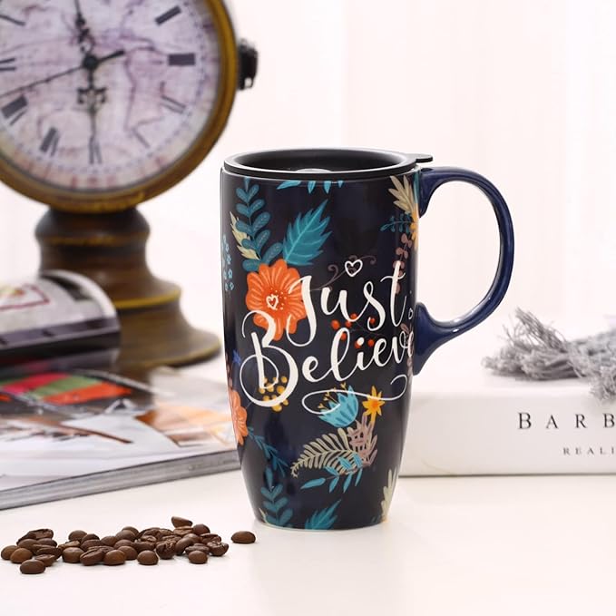 Topadorn Ceramic Mug with Lid and Handle,17oz. Tall Coffee Cup for Home,Party and Birthday,Just Believe