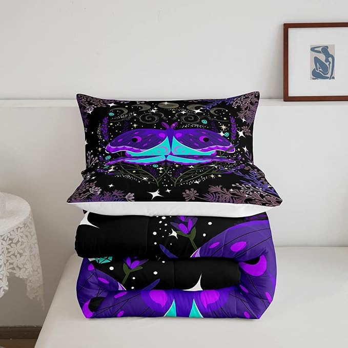 Butterfly Bedding Sets Black Purple Stars Moon Phase Comforter Set Twin Hippie Galaxy Botanical Bedding Comforter Set For Kids Girls Teen Women Trippy Wild Lavender Bed Quilt Room Decor 1 Pillowcase
