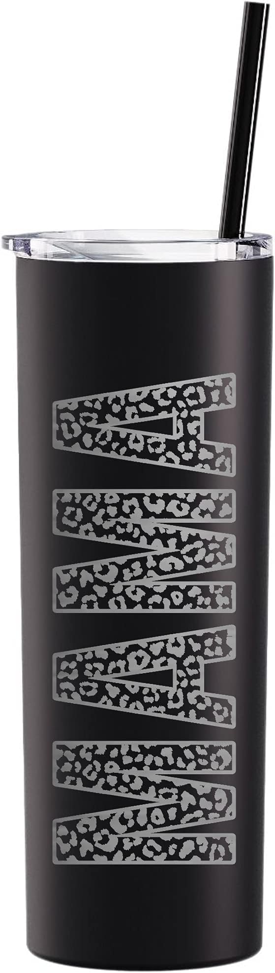 The Crafty Engineer (Matte Black Leopard Print MAMA Tumbler - Laser Engraved 20 oz Travel Ready Insulated Cup with Straw