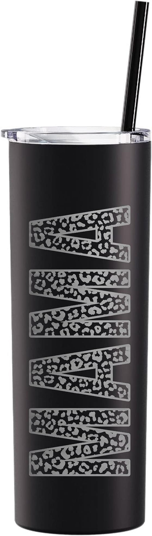 The Crafty Engineer (Matte Black Leopard Print MAMA Tumbler - Laser Engraved 20 oz Travel Ready Insulated Cup with Straw