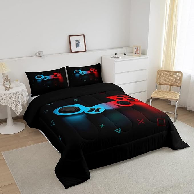 Boys Gamepad Comforter Set Full,Play Gamer Bedding Set Kid Young Man Video Games Down Comforter for Teen Child Game Room Decor Black Classic Retro Gaming Quilt Duvet Set with Controller Button