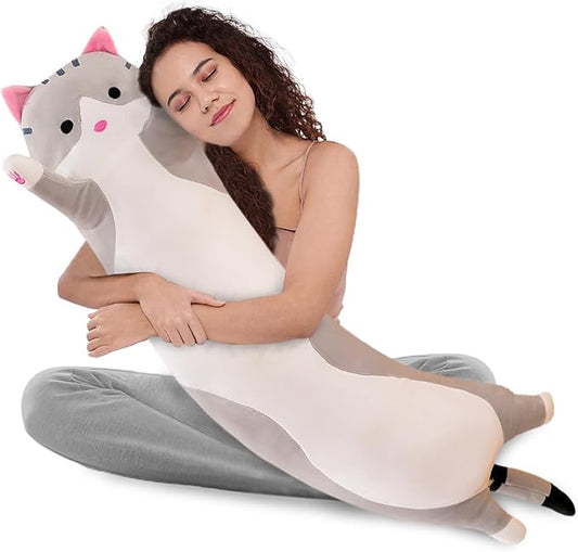 WUYU Lovely Plush Cat Doll Cute Cartoon Soft Stuffed Kitten Pillow Long Throw Sleeping Pillow Doll Toy Gift for Kids Girlfriend Multiple Size (Grey,110cm/43.3in)