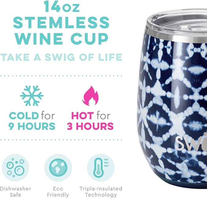 Swig 14oz Insulated Wine Tumbler with Lid, Dishwasher Safe, Stainless Steel Wine Cups (Indigo Isles)