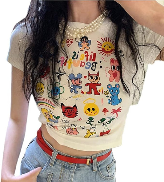 Women Girls Y2K Crop Top Letter Print Baby Tees Grunge T-Shirt