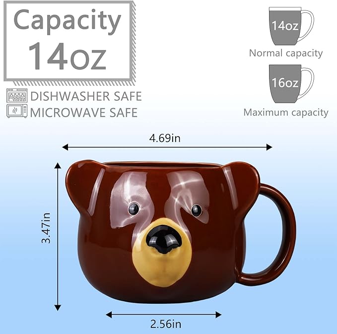 Bear Mug 14 oz Ceramic Coffee Mug 3D Porcelain Tea Mug for Women Kawaii Cup Bear Gifts for Women Christmas Gifts Housewarming Holiday Birthday Gifts for Women Mom Kids Men and Friend Brown