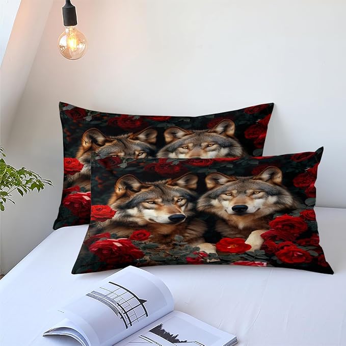 Wolf Comforter Set Twin Size Red Rose Wolves Bedding Set Wild Animal Bedding Sets Black Floral Animals Comforters Soft Down Alternative Comforter Sets for Girls Boys Kids Teens