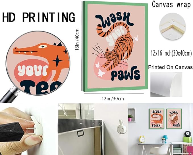 YFvrPt Funny Bathroom Animal Wall Art, Tiger Wash Your Paws Bathroom Wall Decor, Cute Eclectic Restroom Poster Canvas Prints Funky Maximalist Toilet Sign for Kids Room Nursery Framed 12x16 inch