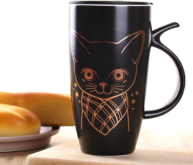 WHJY 20oz Large Black Cute Cat Ceramic Coffee Mug Cup with Splash-proof Lid, Cat Tail Shape Handle, Animal Cat Mug Tumbler (black)