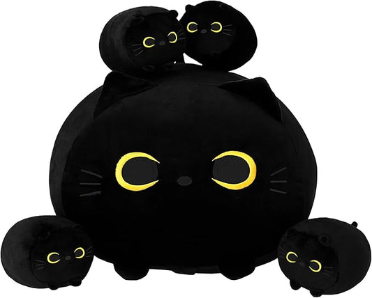 SQEQE Black Cat Plush, Cat Stuffed Animals Plushie with 4 Cute Babies Cat Plushies in Her Tummy, Soft Plushie Pillow Gifts for Kids