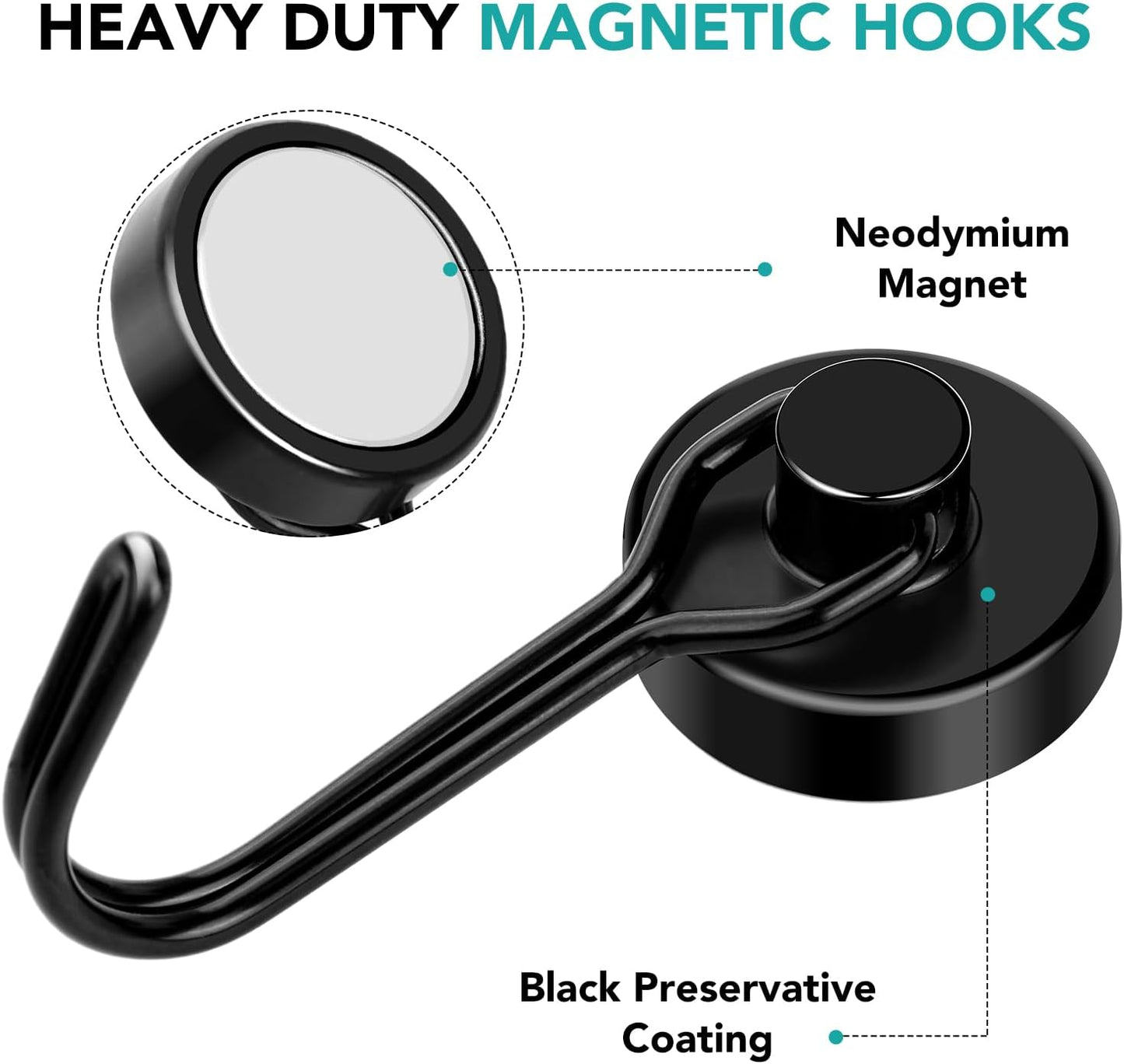 DIYMAG Black Magnetic Hooks, 40LBS Strong Magnetics Heavy Duty, Magnet Hook with Metal Hanger for Hanging Refrigerator Home Kitchen Office, 8Pack