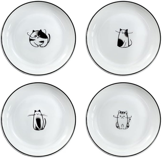 WAIT FLY 5 Inches Funny Dog and Cat Pattern with Brush Strokes Ceramics Seasoning Dishes/Tea Bag Holders/Ketchup Saucer/Appetizer Plates/Seasoning Dipping Bowls, Set of 4