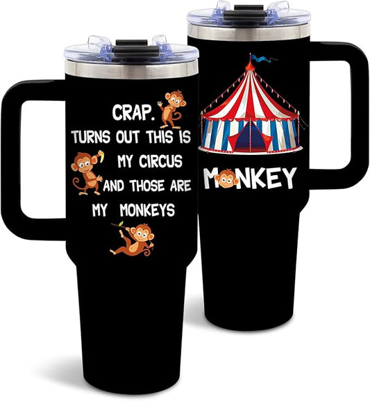 These are My Monkeys Tumbler, Birthday Gifts for Mom, Funny Christmas Gifts from Daughter Son, Crap Turns Out This is My Circus, 40 Oz Tumbler with Handle