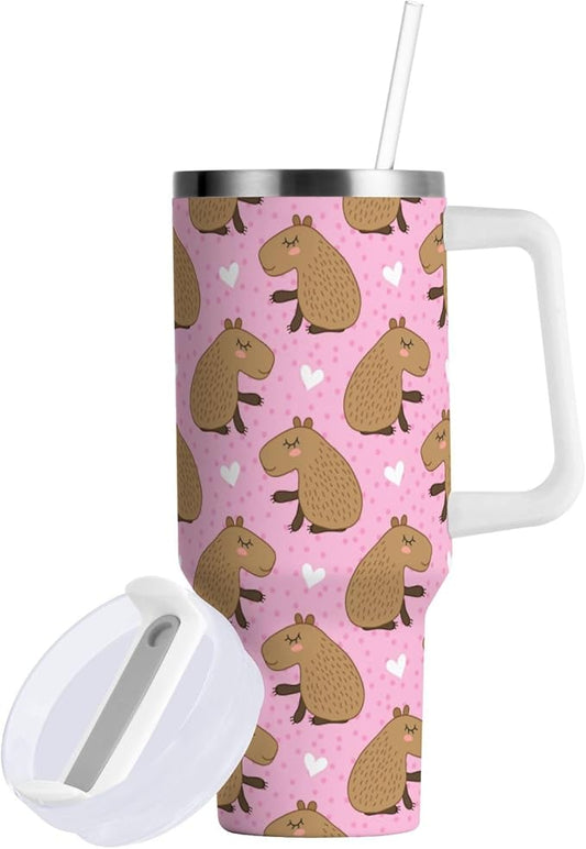 Boccsty Heart Cute Cartoon Capybara Insulated Tumblers Reusable Stainless Steel Tumbler 40 oz Cup Coffee Travel Mug Water Bottle with Handle & Flip Straw for Home Office Car