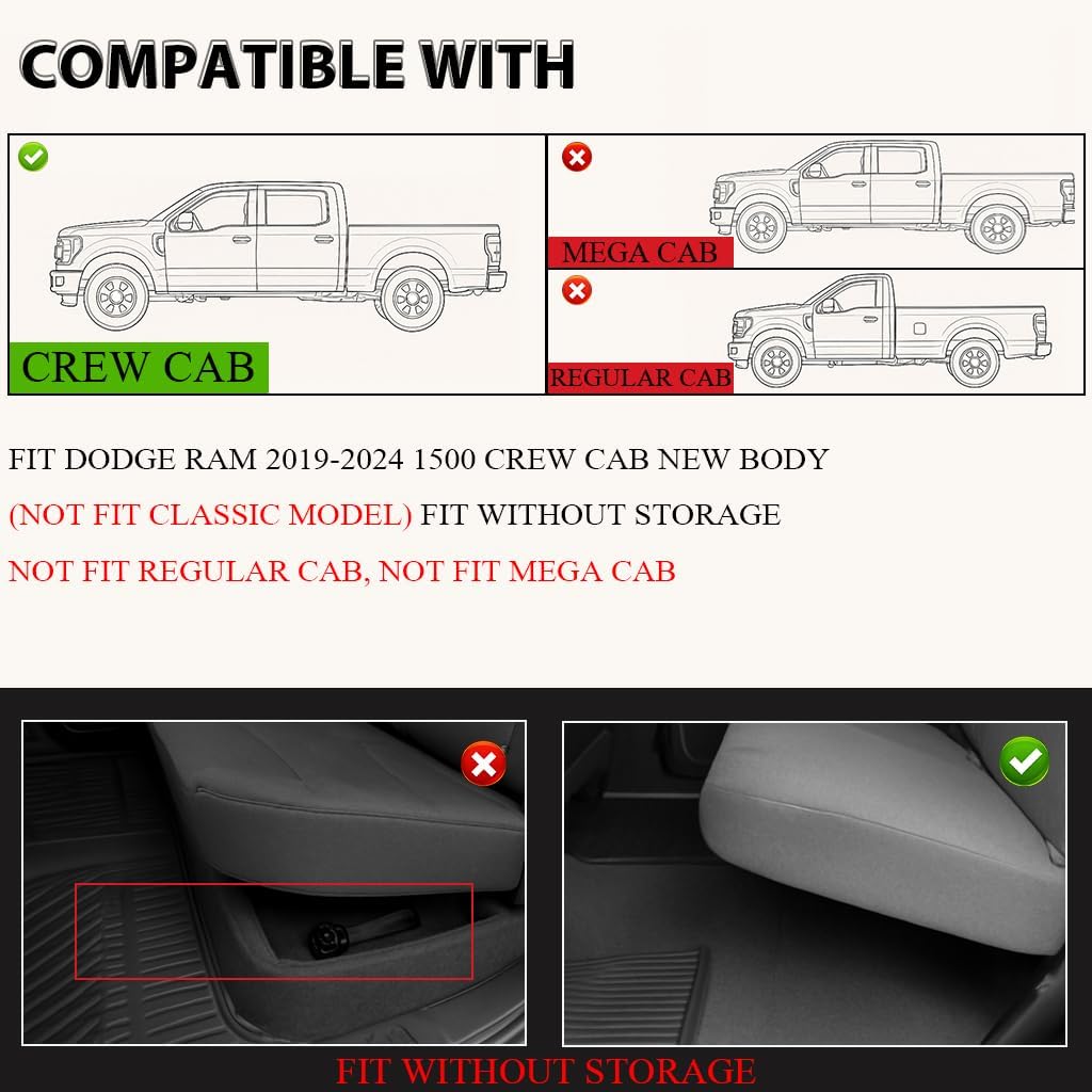 G-PLUS Floor Mats Fit for 2019-2024 Dodge Ram 1500 Crew Cab New Body (NOT Classic Models) Without Storage, TPE All Weather Custom Fit Full Cover Protection Floor Liner 1st & 2nd Row, Black