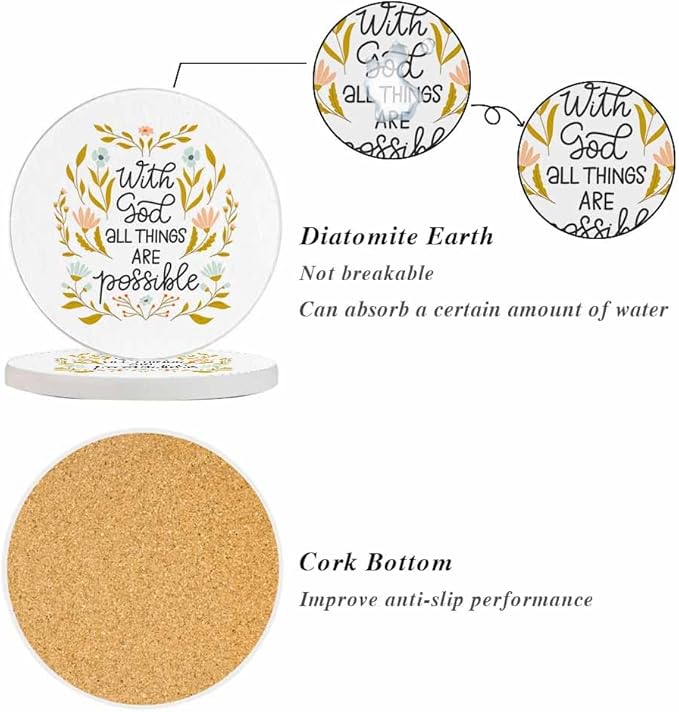 with God All Things are Possible Coasters for Drinks Absorbent Ceramic Drink Coaster for Coffee Wooden Table Home Decor Set of 2