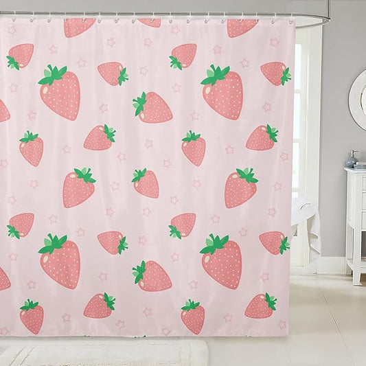 Strawberry Print Bathroom Curtain Kids Girls Kawaii Pink Strawberry Shower Curtain Cute Fruit Bath Curtains for Bathtubs Girl Stalls Decor Lightweight Waterproof Kids Bathroom Accessories 72"x78"