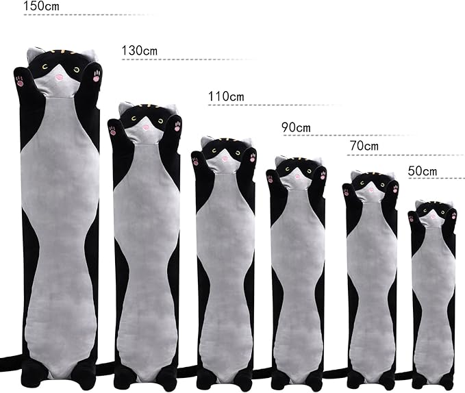 WUYU Lovely Plush Cat Doll Cute Cartoon Soft Stuffed Kitten Pillow Long Throw Sleeping Pillow Doll Toy Gift for Kids Girlfriend Multiple Size (Black, 110cm/43.3in)