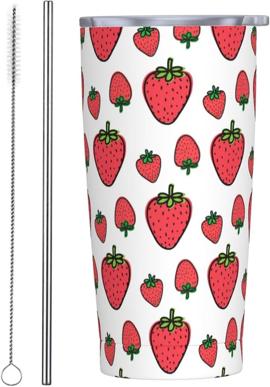 Strawberry Tumbler Berries Stainless Steel Insulated Tumblers with Lid Straw Reusable Summer Fruit Coffee Travel Mug Tea Drinking Water Wine Cups Birthday Gifts for Women 20 Oz