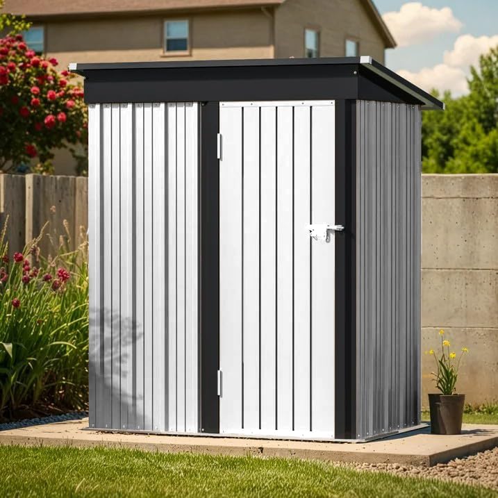 Greesum 5×3 FT Outdoor Storage Shed, Metal Storaged Sheds Without Floor, Tool Sheds with Lockable Doors and Sloping Roof for Garden, Patio, Backyard, White