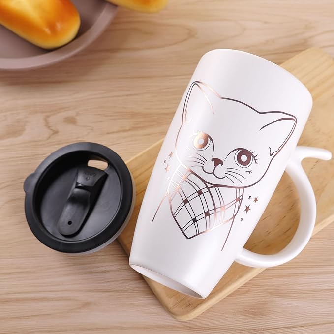 WHJY 20oz Large White Cute Cat Ceramic Coffee Mug With Splash-Proof Lid, Cat Tail Handle, Animal Tumbler