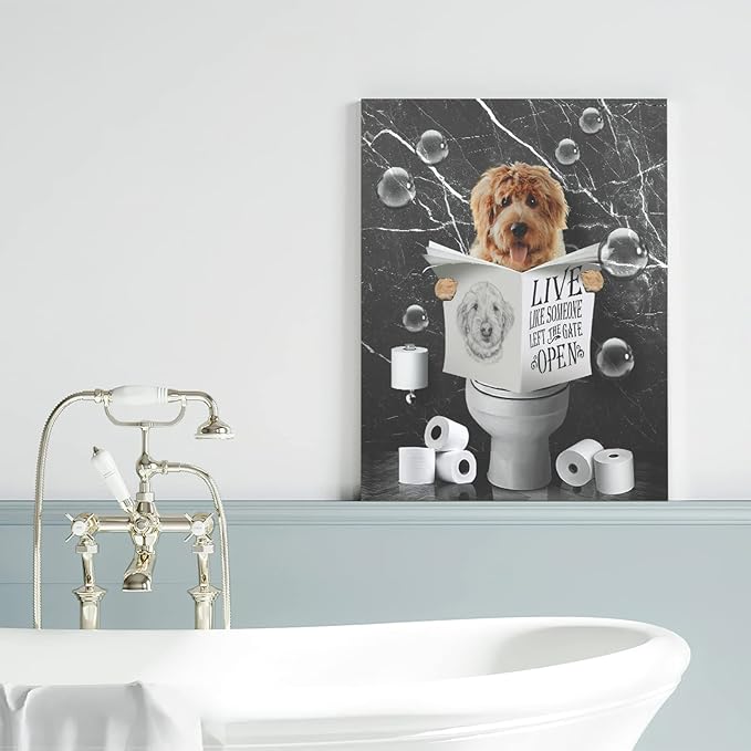Canvas Wall Art - Funny Dog in Toilet - Black & White Animals - Farmhouse Bathroom Painting - Framed 16x24