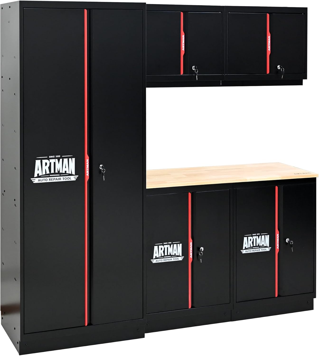 Garage Storage Cabinets System, 6-Pcs Workshop Cabinet Set in Black and Red, Included Steel Cabinets, LED Lights, Wood Panel, Key Locking, Adjustable Door Panels and Legs