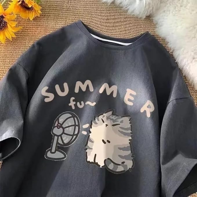 Women's Cute Cat Cartoon Print T-Shirt Kawaii Oversized Graphic Tees Y2K Men's Short Sleeve Tees Grunge Clothes