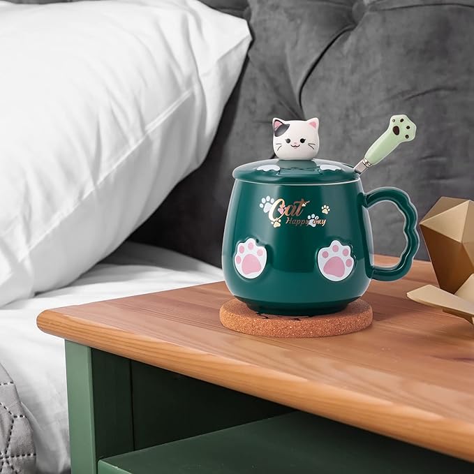 Bgbg Cat Mug Cute Ceramic Coffee Cup with Lovely Kitty Lid, Kawaii Cat Claw Spoon, Anime Cat Coaster, Novelty Cat Things Birthday Christmas Mug Gift for Cat Lovers 400ML