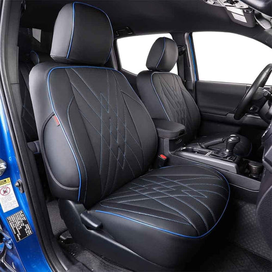 EKR Custom Fit Tacoma Leather Car Seat Covers for Select Toyota Tacoma 2012 2013 2014 2015 (Regular Seats)- Full Set, Leather (Black with Blue Trim)