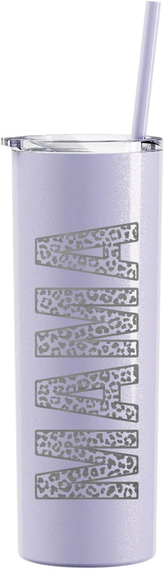 The Crafty Engineer (Glitter Lavender Leopard Print MAMA Tumbler - 20 oz Leopard Mama Tumbler - Laser Engraved Mama Print Leopard Design, Perfect Mom Gift, Travel Ready Insulated Tumbler with Straw