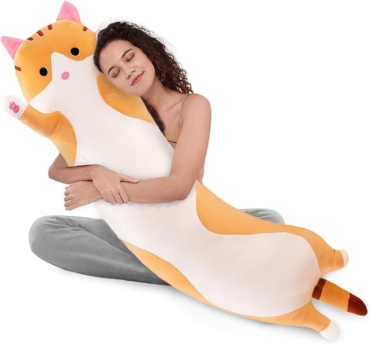 WUYU Lovely Plush Cat Doll Cute Cartoon Soft Stuffed Kitten Pillow Long Throw Sleeping Pillow Doll Toy Gift for Kids Girlfriend Multiple Size (Brown,130cm/51.1in)