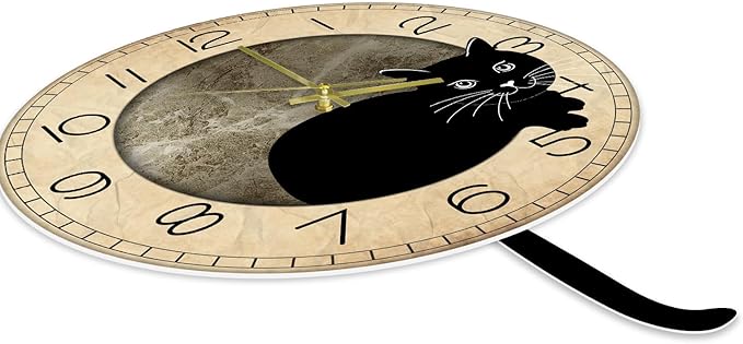 Black Cat Clock with Moving Tail Vintage, Funny Cat Wall Clock with Swinging Tail Silent Non Ticking Battery Operated Creative DIY Pendulum Wall Clock Black Kitty Decor Gift for Cat Lovers