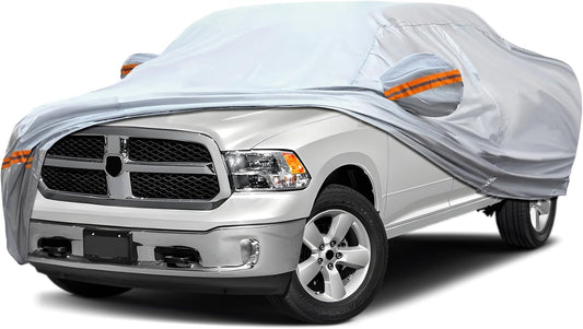 KEYOOG Car Cover, Fit for 213"-237" Length Pickup Truck, 6-Layer All-Weather Waterproof, Universal in All Seasons, Snow Prevention, Rainproof, Acid Rainproof, Sunscreen, Orange Reflective Strip