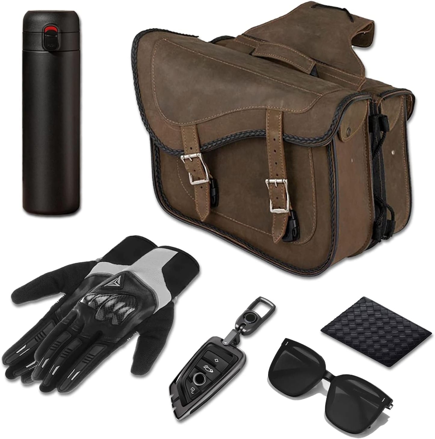 GARGOYLE BELLS Motorcycle Saddle Bags Genuine Leather Motorcycle Luggage Bag For Softails Sportsters and Choppers (No Stud, Brown, 13”x13“x10”)